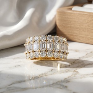 Women's 4.30CTW Mixed Diamond Triple Row Luxury <b>Statement</b> <b>Ring</b> Yellow Gold Lab Grown E-F Color VVS2 IGI Certified Wide Band - Product Image 1