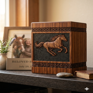Wooden Cremation Urn Adult <b>Memorial</b> <b>Keepsake</b> Carved Horse Pattern Brown Desktop Funeral Supply - Product Image 2