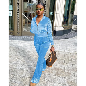 Ensemble de survêtement deux pièces en velours bleu pour femme, manches longues, taille haute, fermeture éclair sur le devant, style streetwear, printemps-été, sexy, style club - Product Image 2