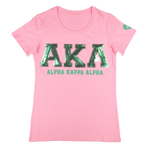 T-shirt à manches courtes en coton de qualité supérieure pour femmes, avec patch à paillettes roses, vêtements de sororité grecque, mode décontractée - Product Image 1