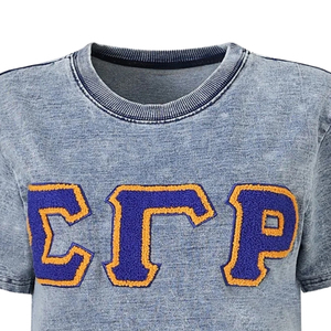 Camiseta SGRHO de Mezclilla Azul Claro Premium, Manga Corta, Cuello Redondo, Bordado con Letras Griegas, Estilo Casual Universitario - Product Image 4