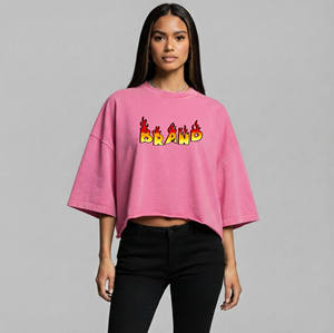Cheap Price Women's Pink Crop Top Oversized Crew Neck Half Sleeve <b>Flame</b> Logo Print Cotton Jersey Loose Fit Spring Summer - Product Image 4