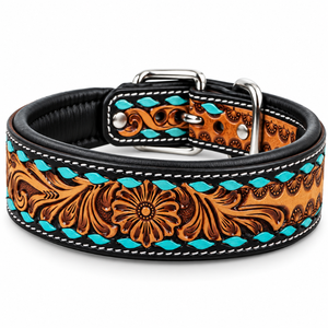 Collar de Cuero para Perro con Diseño Floral Turquesa, Acolchado, Estilo Western |   Collar para Perro Cosido a Mano con Hebilla Ajustable - Product Image 1