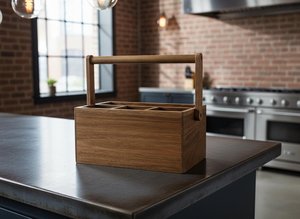 Handcrafted Wooden Cutlery <b>Caddy</b> with Handle Tabletop Spoon Fork and Napkin Organizer for Restaurant - Product Image 3