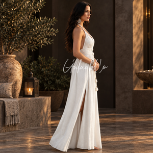 <b>White</b> Halter <b>Maxi</b> <b>Dress</b> Deep V Neck Adjustable Waist Tie Flowy Side Slit Elegant <b>Summer</b> Beach Wedding Evening Party Formal Gown - Product Image 2