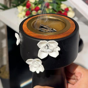 Modern Matte Black Metal & Wood Incense Burner Box With Tray & <b>White</b> Flower Accents. Powder Coating Finish For Home Decor - Product Image 6
