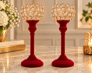Ensemble de 2 bougeoirs en métal avec boules de cristal sans flamme en velours rouge de luxe pour la décoration de mariage, de Noël et de Pâques - Product Image 1