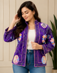 Couture Flower Purple Breathable Lightweight Suzani <b>Coat</b> <b>Womens</b> Grey Dot Embroidered All Season Handstitched Bulk Wholesale Wear - Product Image 1