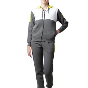 Conjunto Deportivo de 2 Piezas para Mujer, Sudadera con Capucha y Bloques de Color, Manga Larga, Felpa, Corte Regular, Verano, Gris, Amarillo, Blanco, 100% Algodón - Product Image 1