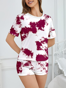 Tie Dye Knot Front High Rise Women's Pajama Set Cozy Round Neck Short Sleeve Top Elastic Waist Shorts Starry Night 100% Cotton - Product Image 2