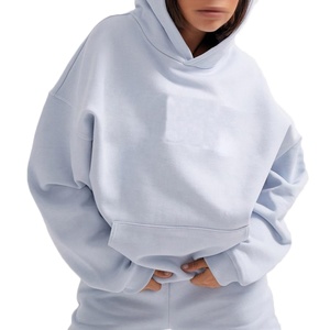Sweat-shirt à capuche oversize pour femme, couleur unie, en coton tricoté, respirant, épaules tombantes, style streetwear décontracté, coupe courte - Product Image 1