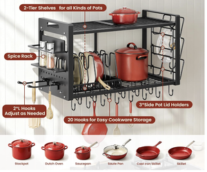 Étagère murale robuste en métal pour organiser les casseroles et les poêles, avec support pour couvercles et 8 séparateurs réglables, 2 niveaux. - Product Image 3