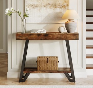 Mesa Consola de Madera Rústica Moderna con Base de Metal y Estante de Almacenamiento para Entrada o Sala de Estar - Product Image 2
