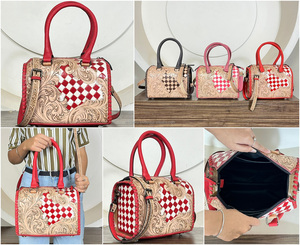 Newly Personalized 2026 <b>Tooled</b> Cow <b>Leather</b> Speedy Bag Red & White Checkered Medium 11" Western Cowgirl Handbag Crossbody Duffel - Product Image 3