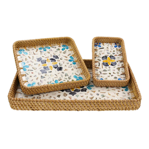 Bandeja de servir de lujo de ratán fabricada en Vietnam con incrustaciones de nácar, diseño floral de mosaico colorido, decoración para el hogar, venta al por mayor - Product Image 1