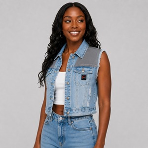 Gilet en jean pour femme de haute qualité, fabriqué en denim résistant, avec un look sans manches élégant, des poches sécurisées et une coupe confortable. - Product Image 5