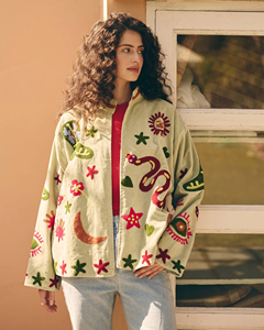 Chaqueta de Mujer para Otoño, Color Verde Claro, Cuello Mandarín, Acolchada, 100% Algodón Ecológico, Bordado Floral, Manga Larga, para Vacaciones - Product Image 3