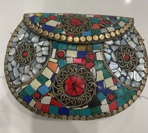 AUREVIA CRAFTS Handmade Antique Imitation Yellow <b>Red</b> Brass Mosaic Floral Design Golden Chain <b>Clutch</b> for Wedding Party Wear - Product Image 1