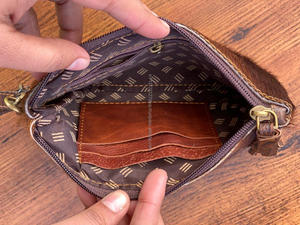 Bolso de mano de cuero de vaca real, monedero, cartera marrón, parches occidentales tallados, pelo en piel oculta, bolso de mano de cuero - Product Image 6