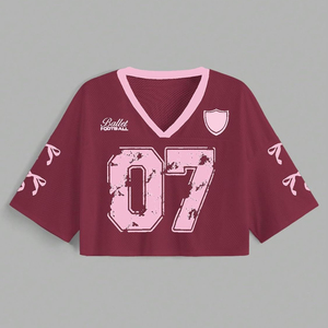 Ballet Football Women's V-Neck <b>Mesh</b> <b>Crop</b> <b>Top</b> Short Sleeve Loose Fit Number 07 Pink Sporty Style Spring Summer - Product Image 1