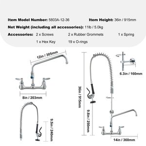 Rubinetto da cucina a parete in ottone da 36 pollici con larghezza di installazione di 8 pollici, include doccetta estraibile con beccuccio girevole da 12 pollici, per uso commerciale - Product Image 4