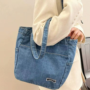 Sac fourre-tout en jean bleu robuste, sac fourre-tout en tissu de coton multi-poches, sac fourre-tout à bandoulière de grande capacité, sac fourre-tout pour femme, sac de voyage, sac d'école - Product Image 1