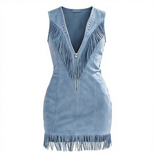 Women's Fall Faux Suede Dress Western Cowgirl for Blue Suede Vest Zip Up V Neck Tassel <b>Fringe</b> Sleeveless Faux Leather Jacke - Product Image 6
