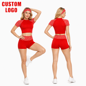 High Quality Custom Logo Women 3 Piece Color Block Polka Dot <b>Crop</b> <b>Top</b> Booty Shorts Matching Headband Swim Gym Set Low MOQ - Product Image 1