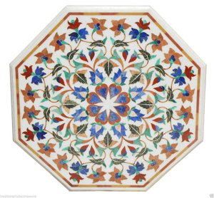 Mesa de Centro de Mármol Blanco Lapislázuli con Diseño Floral Antiguo Incrustado - Product Image 3