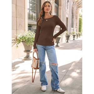 À la mode 2025 automne mode reine femmes basique décontracté côtelé hauts mignon bateau cou à manches longues t-shirts sous-gommage basique vêtements décontractés - Product Image 1