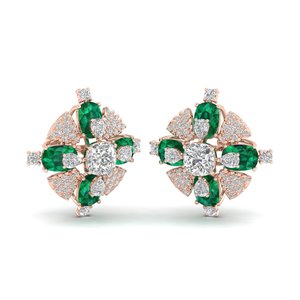 REYES 14K Gold Classic Vintage <b>Stud</b> <b>Earrings</b> Women Fine Jewelry 24.6 Carat <b>Emerald</b> Gemstone Cushion Square Cut Pearl Main Stone - Product Image 5