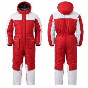 Combinaison de neige unisexe rouge et blanc avec blocs de couleur, à capuche, longue, imperméable, pour l'hiver, avec poches latérales, style sportif - Product Image 1