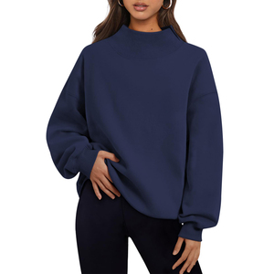 <b>Women's</b> <b>Navy</b> Blue Oversized Mock Neck Sweatshirt Striped Long Sleeve Pullover Custom Logo Fleece Knit <b>Top</b> <b>for</b> Autumn - Product Image 1
