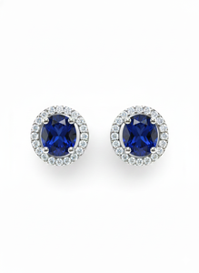 Boucles d'oreilles en saphir taille ovale avec diamant taille rond pour femme, diamant naturel et diamant de laboratoire - Product Image 1