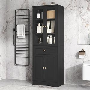 Mobiletto Alto da Bagno in MDF con Quattro Ante e Cassetti, Ripiano Regolabile, Arredo Bagno - Product Image 1