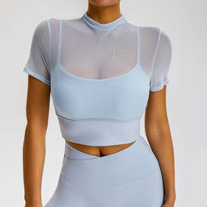 Top corto de verano personalizado al por mayor para mujer, cuello redondo, ajuste ceñido, parte inferior redonda, con mangas de malla a media manga - Product Image 3