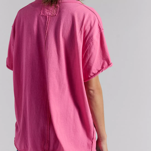 เสื้อยืดโอเวอร์ไซส์สีชมพู คอวี แขนสั้น สีพื้น สไตล์ลำลองสำหรับผู้หญิง ผ้าเจอร์ซีย์ ทรงปกติ สไตล์ผู้ใหญ่ - Product Image 2