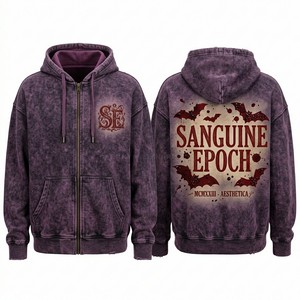 เสื้อฮู้ดดี้สีแดงเลือดหมูแบบย้อมสีสไตล์วินเทจสำหรับผู้ชาย ลายกราฟิกพิมพ์ลายละเอียด สตรีทแวร์ ผ้าฟลีซแบบดิสเทรส ขายส่ง - Product Image 5
