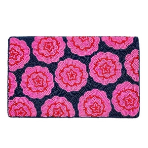 Sac à main rectangulaire fait main avec broderie florale rose sur toile marine pour la décoration de la maison - Product Image 2