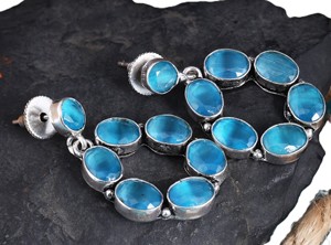 Trade Assurance Bohemian Blue Cat Eye Stone Oval Loop Earrings for Women | Handmade Oxidized Silver Brass Jewelry - Product Image 5