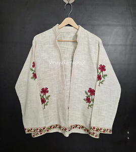 Veste matelassée en velours beige brodée à la main style bohème chic pour femme, élégante broderie florale en coton, manches longues, doublure en coton - Product Image 2