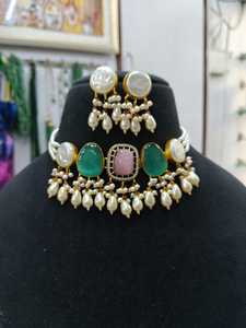 Exima Trendy Bridal Indo Western Brass Micro Insert <b>Silver</b> Plate Choker <b>Necklace</b> <b>Set</b> Women Engagement Wedding Party Artificial - Product Image 2