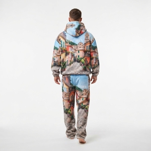 Conjunto de Chándal para Hombre con Sudadera con Cremallera y Estampado de Pueblo Azul, Pantalones de Pierna Ancha, Estilo Urbano Personalizado, Moda Casual a Juego - Product Image 2