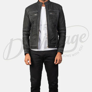 Blouson de motard en cuir noir premium pour homme, en véritable peau de mouton, coupe ajustée, surpiqûres contrastées, col montant, style motard - Product Image 1