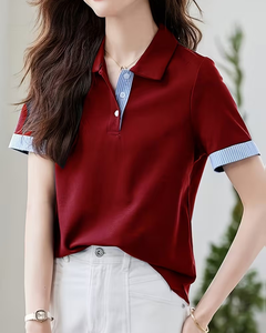 Women's Navy Blue Solid for Shirt Short Sleeve Contrast Trim Casual Eco-Friendly Quick Dry Breathable Regular Length Jersey - Product Image 6