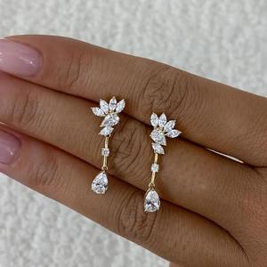 Pendientes de Diamantes con Corte Marquesa y Pera para Mujer, Oro Amarillo de 14K, Pendientes Colgantes Florales, Elegantes y Lujosos para Novia o Aniversario - Product Image 4