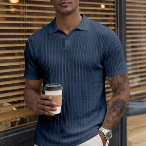 Men's Navy <b>Blue</b> Short Sleeve <b>Polo</b> <b>Shirt</b> Solid Color Knitted Cotton Casual Breathable Regular Fit Collared Design - Product Image 3