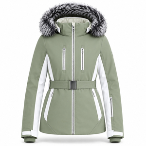 Veste de ski imperméable pour femme 2026, verte avec empiècements blancs, capuche en fausse fourrure, isolation synthétique, fermeture éclair, fabricant direct - Product Image 1