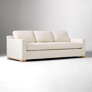 Canapé 3 places en lin blanc bio moderne, style minimaliste, avec coussin de banquette individuelle et pieds bas en chêne naturel - Product Image 1