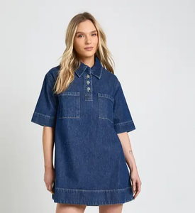 Vestido Camisero Largo de Mezclilla para Mujer al por Mayor, Fabricante de Ropa, Proveedor de Prendas de Vestir, Costuras de Calidad, OEM, Pedidos al por Mayor ODM - Product Image 1